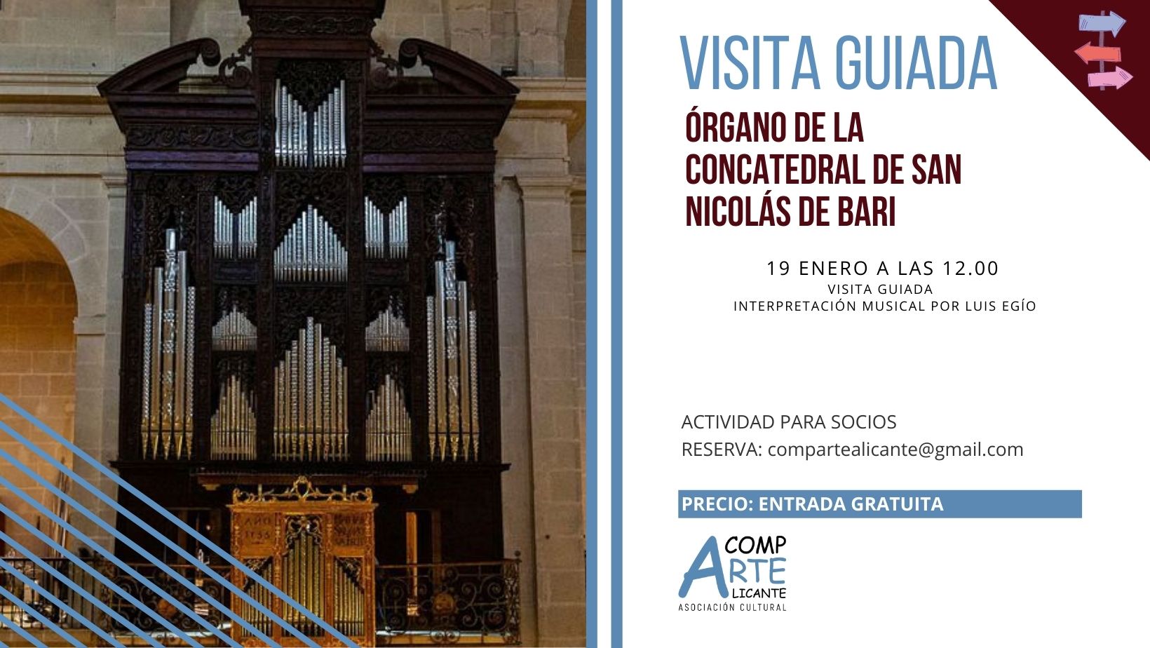El próximo miércoles 19 de enero a las 12:00 h. os proponemos una visita guiada y demostración con interpretación musical realizada por Ramón Egío, del órgano de la concatedral de San Nicolás de Bari de Alicante que es el más antiguo de la comunidad valenciana y está considerado c