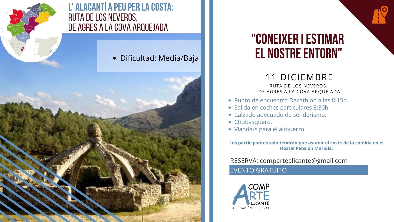 El próximo domingo 11 de diciembre, os proponemos  una ruta senderista de baja/media dificultad, en la que disfrutaremos durante 10 kms, de la ruta de los neveros. Partiremos del Santuario Convento de la Virgen de Agres. Ascenderemos por la senda marcada hasta el refugio del Mont Cabrer y Cava Arquejada. La duración estimada de la ruta es de 4 horas. La vuelta hasta la localidad de Agres la realizaremos por la pista asfaltada.