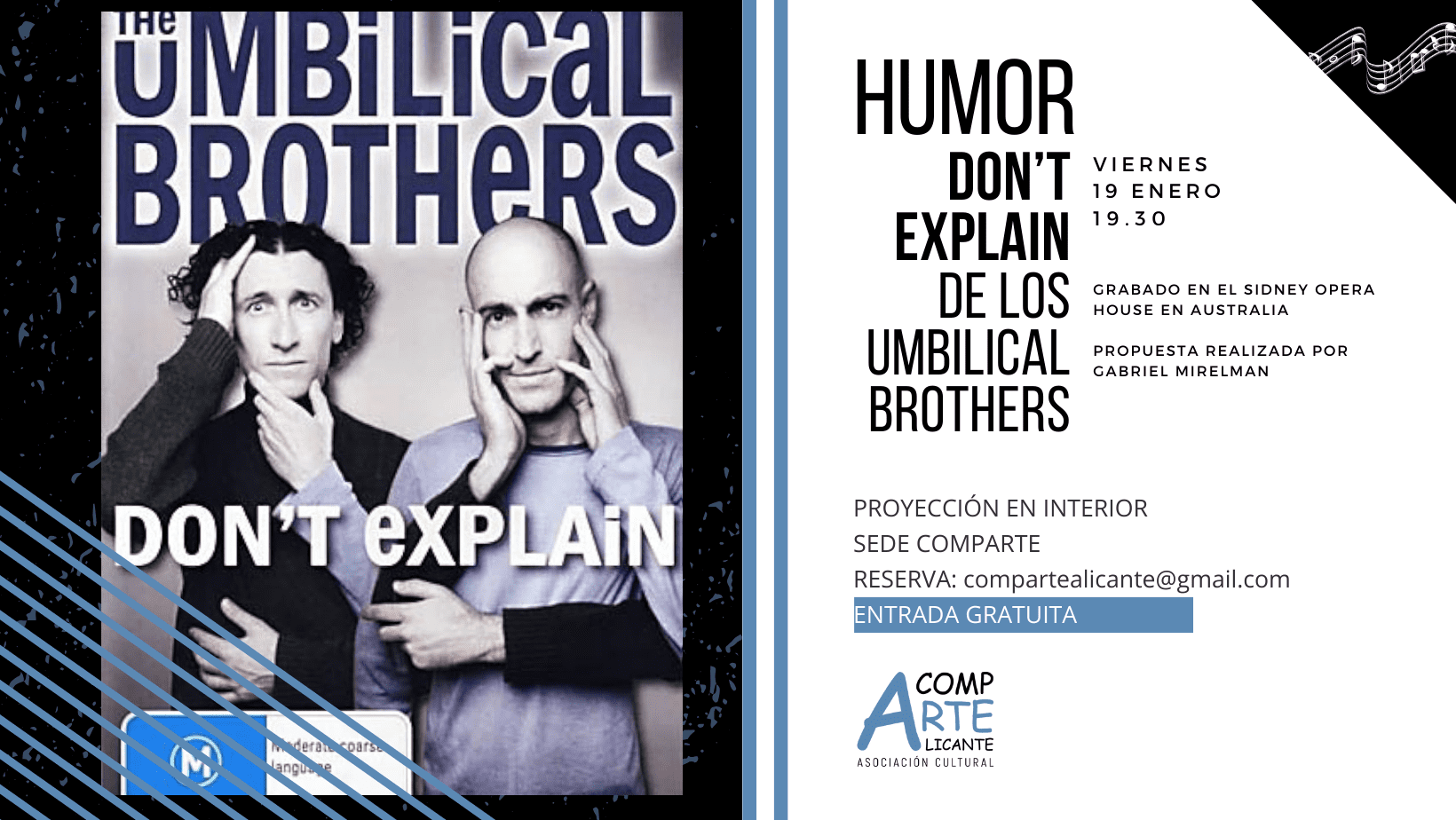 cartel del evento don't explain de los umbilicals brothers
