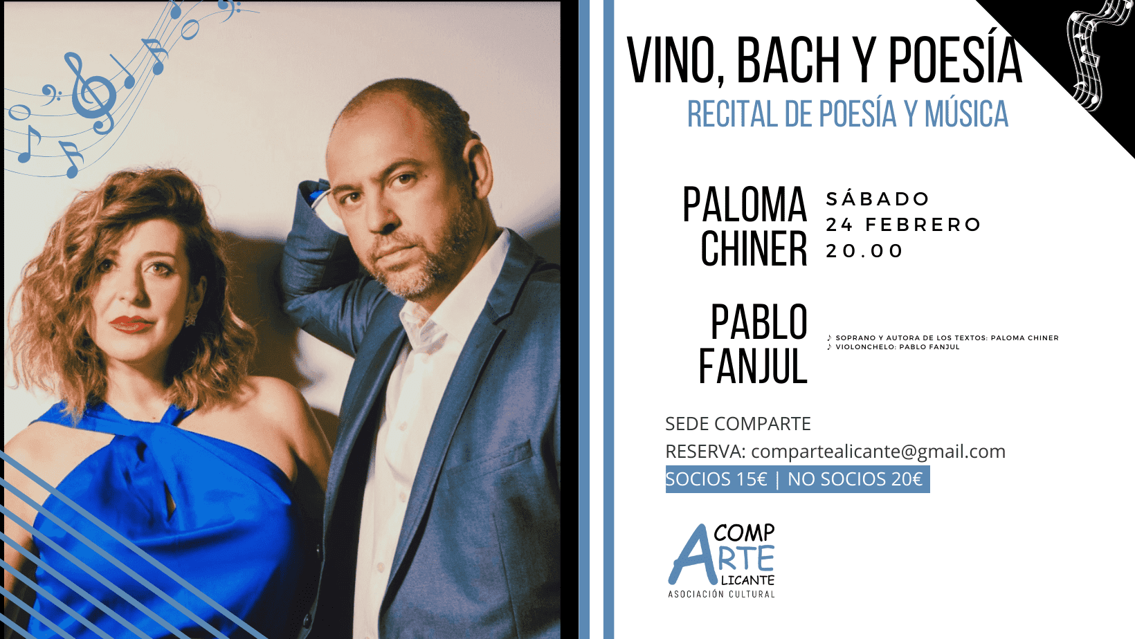 cartel del recital de poesía y música titulado vino, Bach y poesía