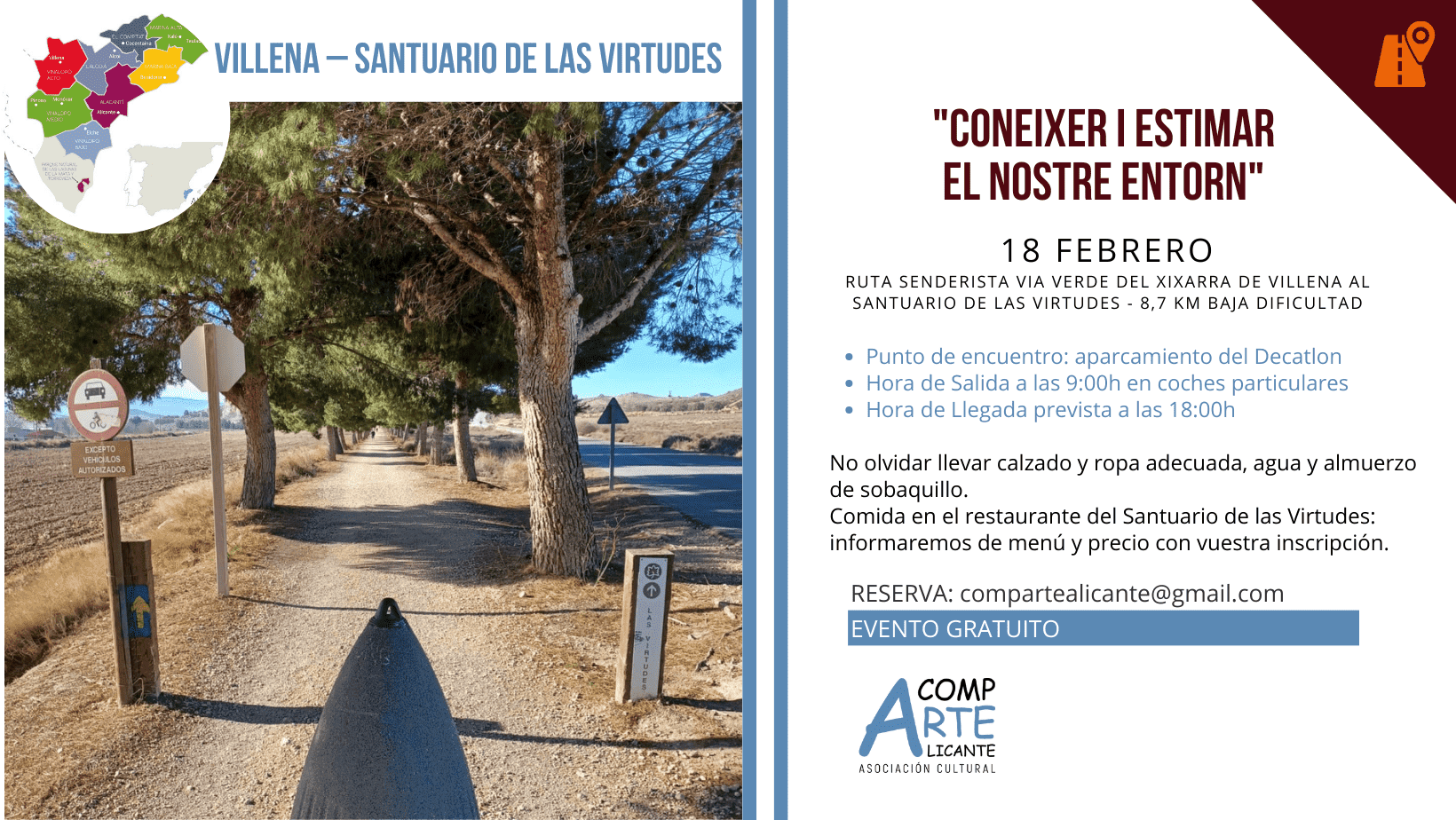 cartel de la ruta senderista vía verde del tren xixarra de villena santuario de las virtudes