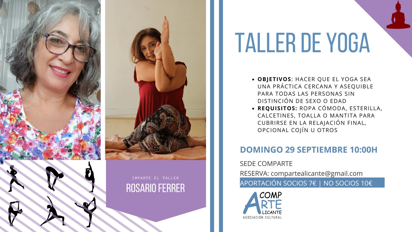 Cartel del taller de yoga impartido por Rosario Ferrer