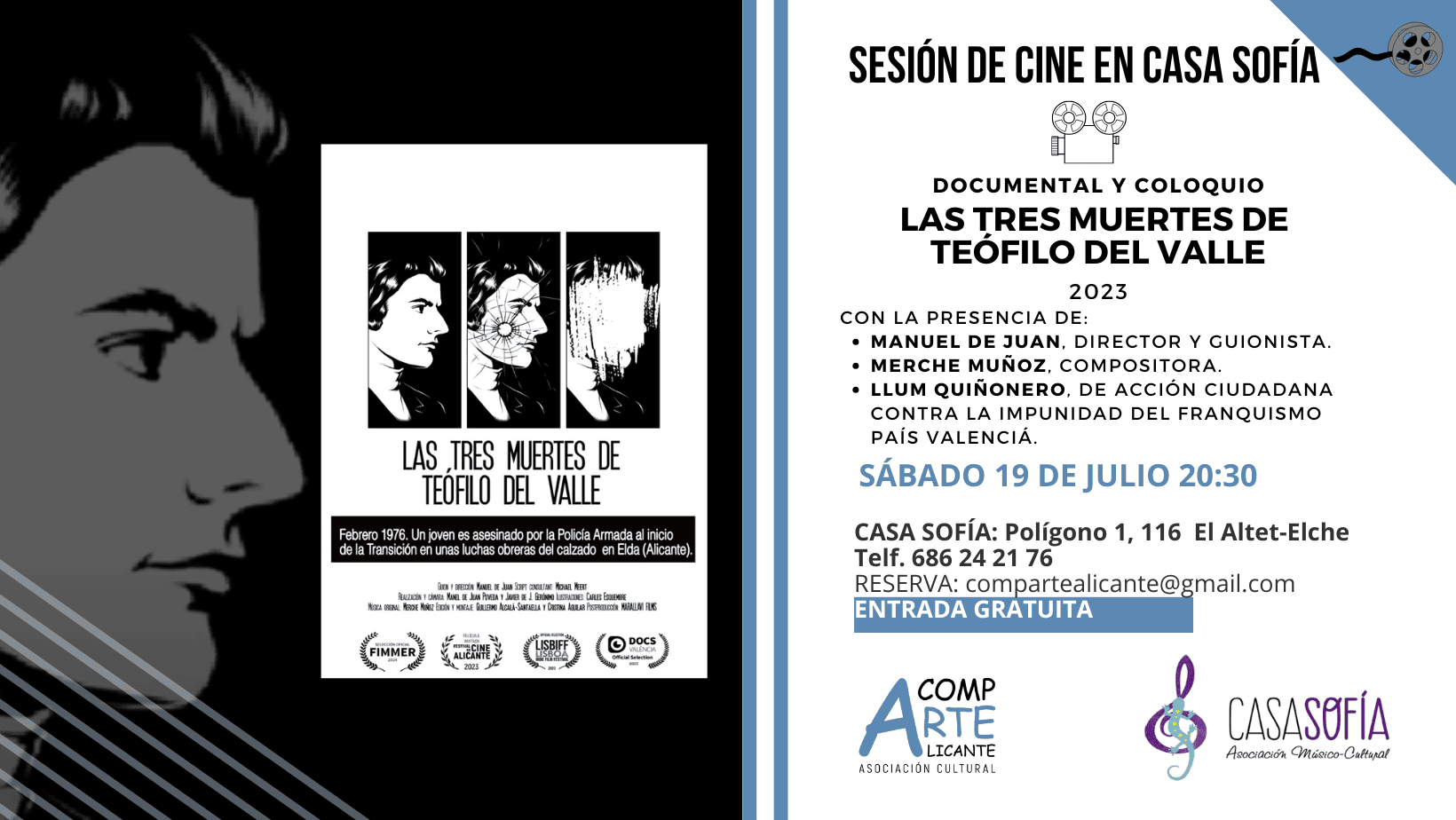 cartel de sesión de cine con el documental "Las tres muertes de Teófilo del Valle" del director Manuel de Juan