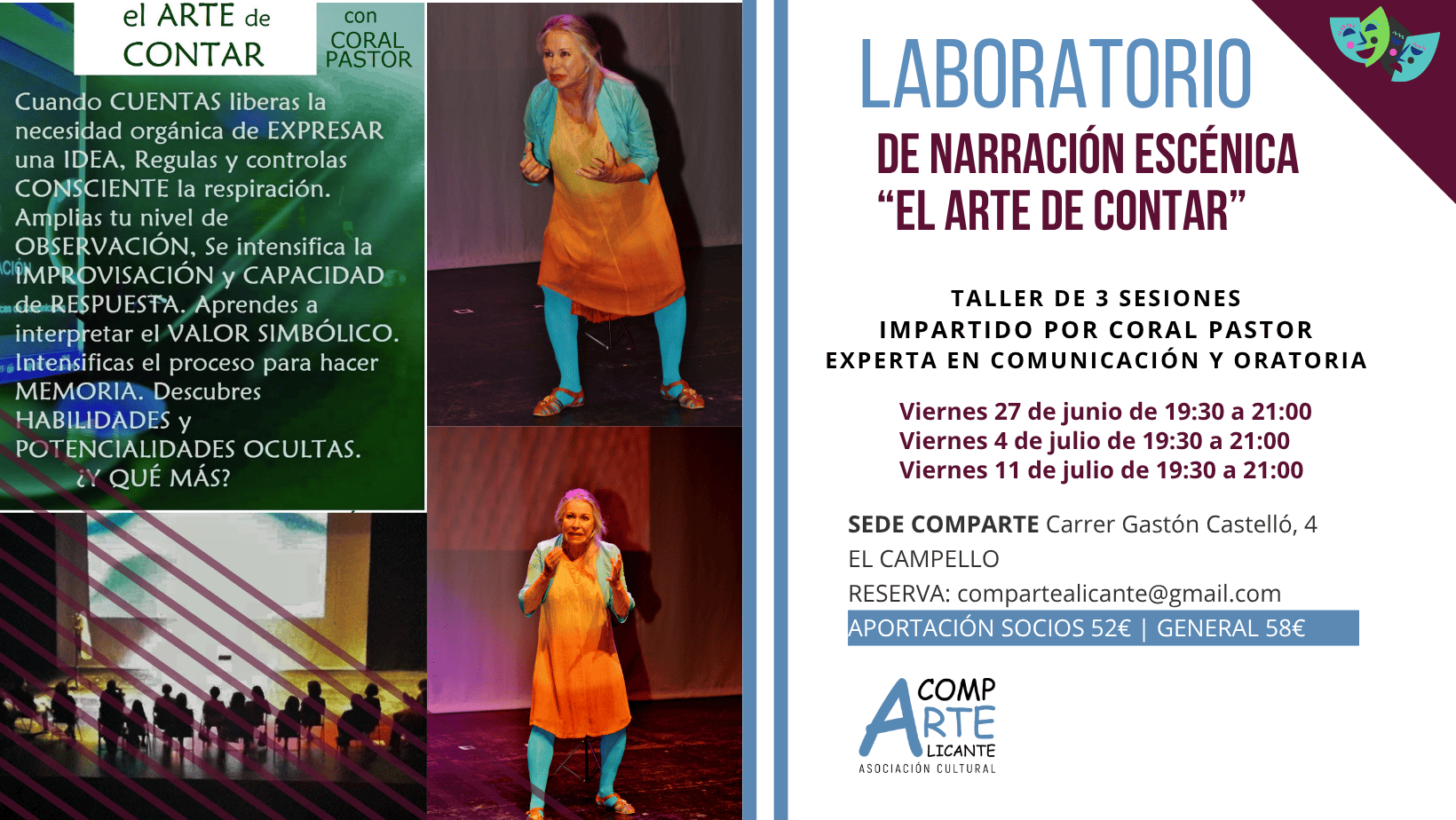 cartel del laboratorio de narración escénica "El arte de contar" conducido por Coral Pastor
