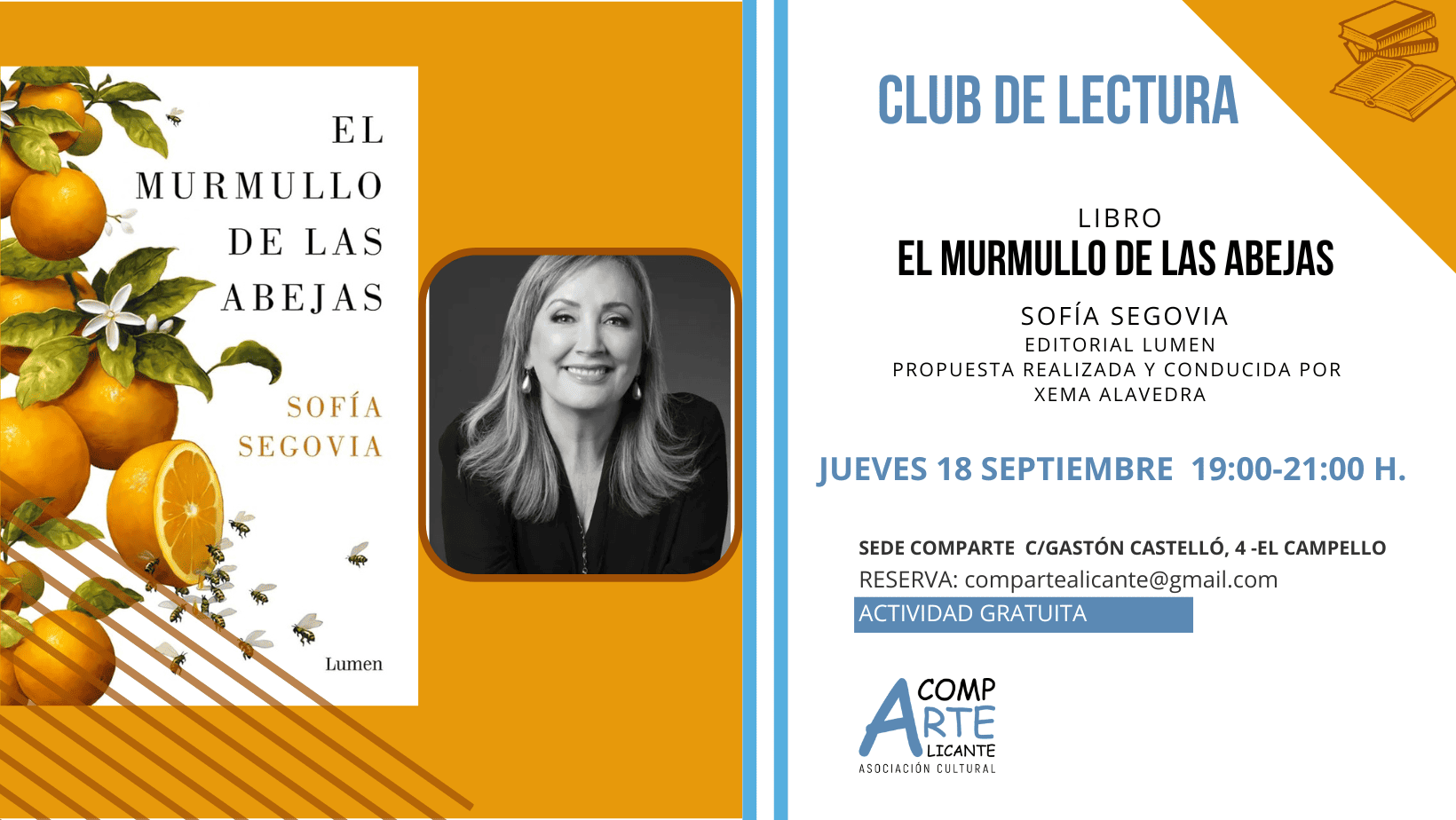 CARTEL CLUB DE LECTURA el MURMULLO DE LAS ABEJAS DE SOFÍA SEGOVIA